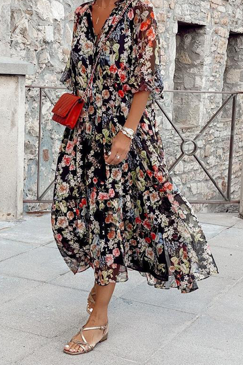 Casual Solid Patchwork V Neck Cake Skirt Dresses(10 Colors) main image 0