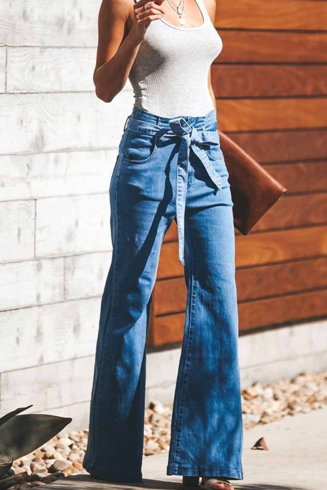 High-Waist High-Elastic Fashion Flared Pants (Including Belt)