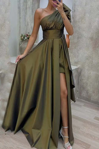 Elegant Formal Solid Slit Oblique Collar Evening Dress Dresses