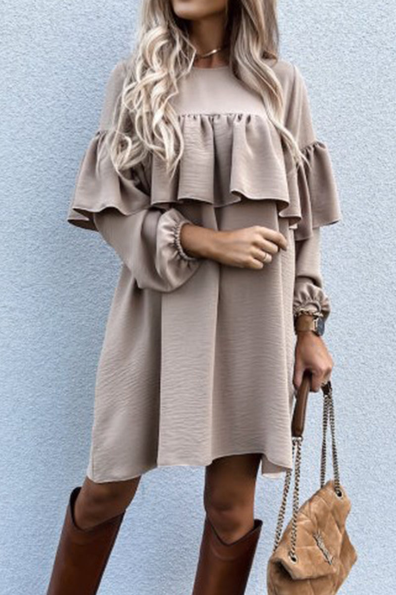 Casual Solid Patchwork Contrast O Neck Pleated Dresses(6 Colors)