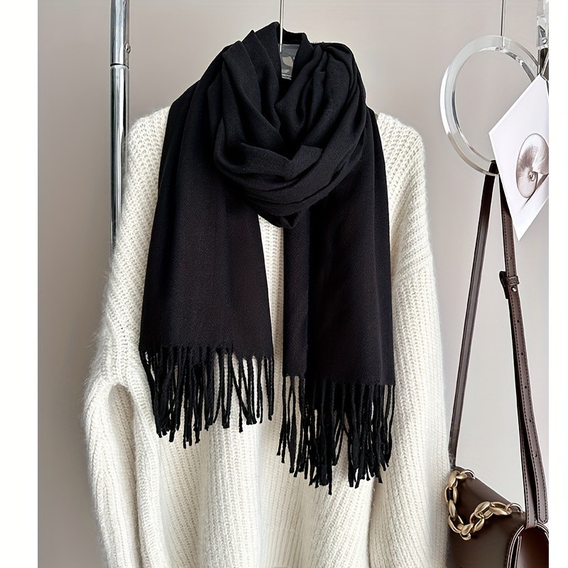 Minimalist Solid Color Tassel Scarf Soft Warm Cashmere Feeling Label Shawl Women's Autumn Winter Windproof Inelastic Scarf