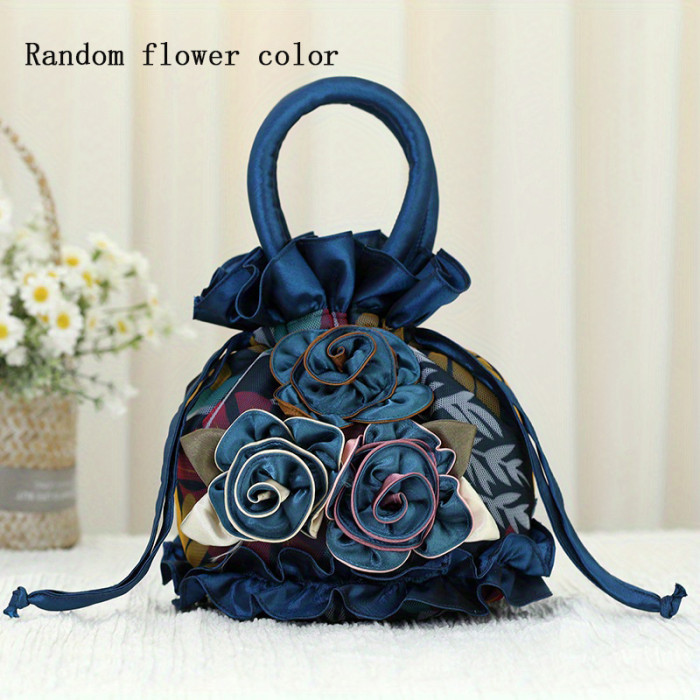 Floral Decor Drawstring Handbag, Trendy Small Evening Bag, Simple Phone Bag, Cute Bucket Bag