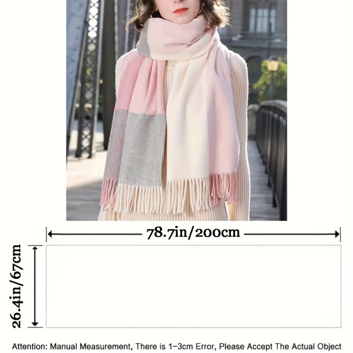 Gentle Contrast Color Plaid Scarf Thick Soft Warm Tassel Long Scarf Autumn Winter Coldproof Versatile Decoration Scarf Gift