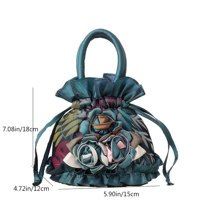 Floral Decor Drawstring Handbag, Trendy Small Evening Bag, Simple Phone Bag, Cute Bucket Bag