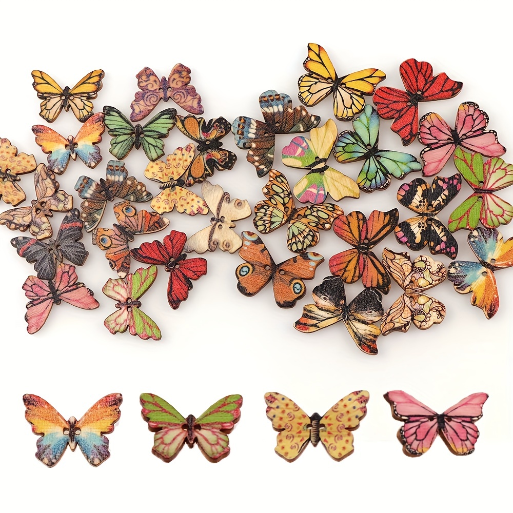 50pcs Wooden Colorful Butterfly Design Buttons With 2 Holes For DIY ...