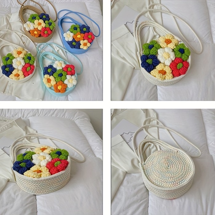 Flower Decor Woven Handbags, Sweet Holiday Beach Bag, Small Round Crossbody Bag For Women