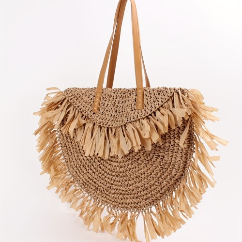 Trendy Bohemian Woven Crossbody Bag, Tassel Solid Color Flap Shoulder Bag, Perfect Messenger Bag For Beach Vacation