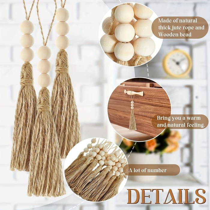 3 Pack Jute Rope Tassel With 3 Wood Beads, Hemp Rope Burlap Tassels For Christmas Tree DIY Craft Wood Beads Garland Project Wedding Home Party Decorations (Natural Color)