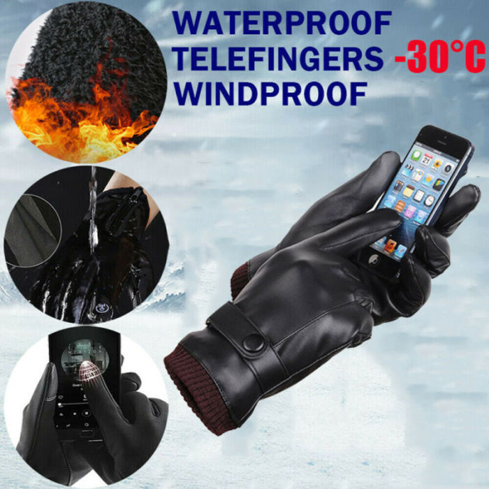 1pair Unisex Winter Leather Cashmere Gloves Black Windproof Waterproof Touchscreen Gloves Cold Warm Fleece Mittens