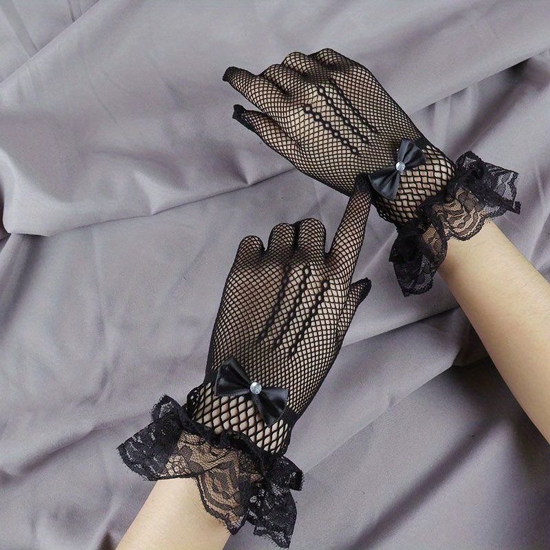 Bow Lace Gloves Solid Color Translucent Breathable Gloves Elegant Decorative Dress Gloves For Women