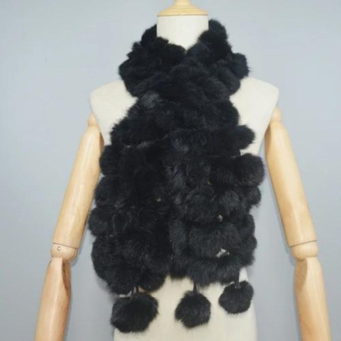 Boho Genuine Fur Scarf With Hanging Hairball Elegant Solid Color Soft Warm Neck Scarf Autumn Winter Stylish Windproof Elastic Fuzzy Scarf