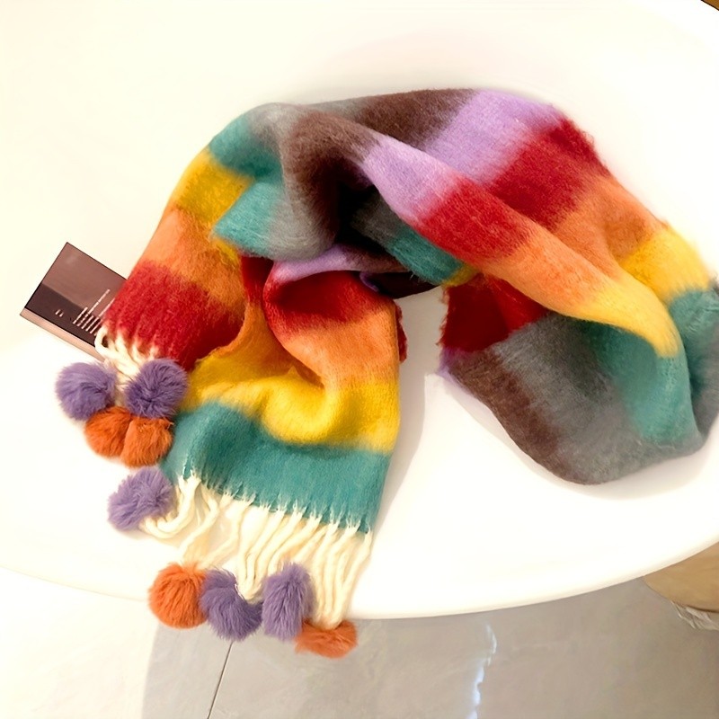 Rainbow Striped Chunky Scarf Stylish Hairball Tassel Shawl Autumn Winter Coldproof Warm Windproof Fluffy Scarf