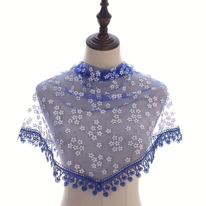 Little Daisy Print Lace Triangle Scarf Thin Retro Aesthetic Hollow Shawl Solid Color Breathable Outer Wear Scarf
