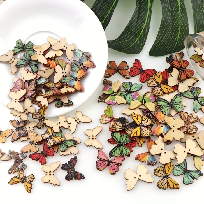 50pcs Wooden Colorful Butterfly Design Buttons With 2 Holes For DIY Handmade Fit Sewing And Scrapbook Buttons For Craft DIY Decoration