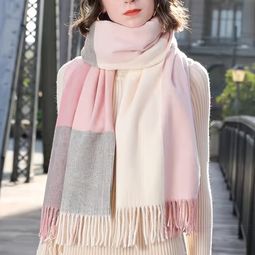 Gentle Contrast Color Plaid Scarf Thick Soft Warm Tassel Long Scarf Autumn Winter Coldproof Versatile Decoration Scarf Gift