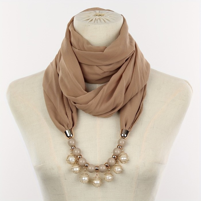 Imitation Pearl Necklace Tassel Chiffon Infinity Scarf Boho Solid Color Personality Neck Scarf Women's Casual Sun Protection Decoration Neck Cover