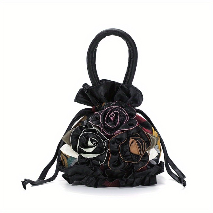 Floral Decor Drawstring Handbag, Trendy Small Evening Bag, Simple Phone Bag, Cute Bucket Bag