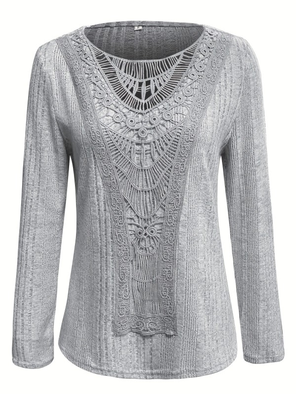 Contrast Lace Crew Neck T-shirt, Casual Long Sleeve Top For Spring & Fall, Women's Clothing