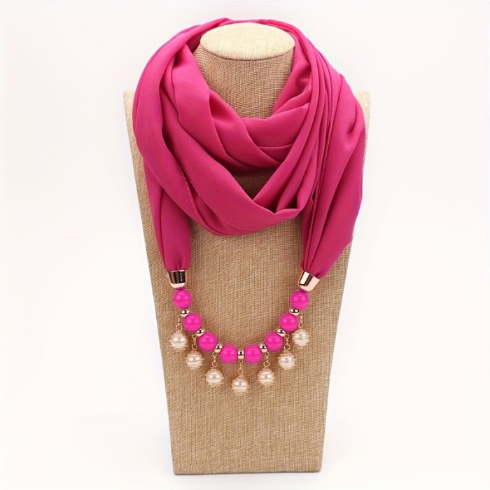 Imitation Pearl Necklace Tassel Chiffon Infinity Scarf Boho Solid Color Personality Neck Scarf Women's Casual Sun Protection Decoration Neck Cover