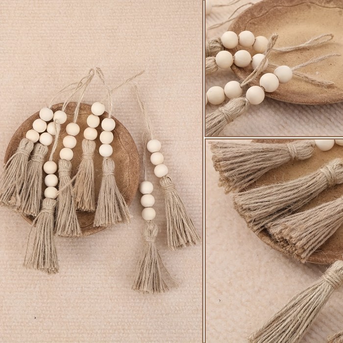 3 Pack Jute Rope Tassel With 3 Wood Beads, Hemp Rope Burlap Tassels For Christmas Tree DIY Craft Wood Beads Garland Project Wedding Home Party Decorations (Natural Color)