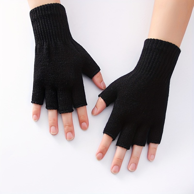 1 pair Warm and Durable Half Finger Knit Gloves for Cycling - Black