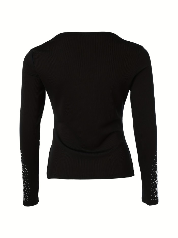Rhinestone V Neck Slim T-shirt, Elegant Long Sleeve Top For Spring & Fall, Women's Clothing