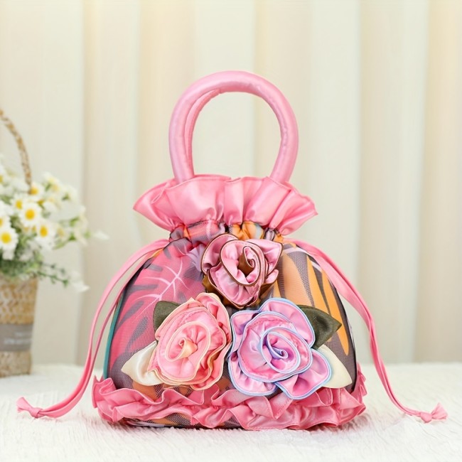 Floral Decor Drawstring Handbag, Trendy Small Evening Bag, Simple Phone Bag, Cute Bucket Bag