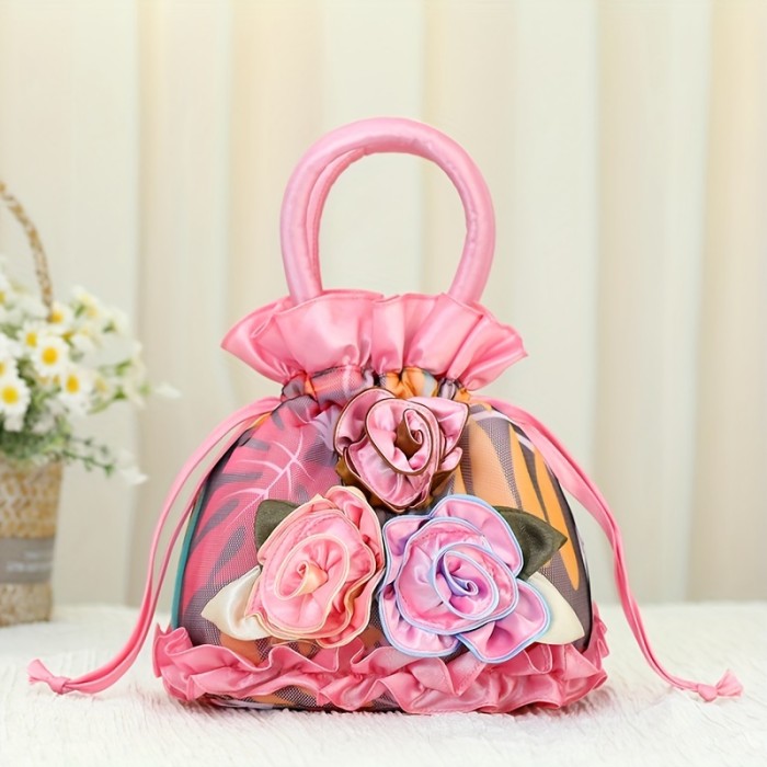 Floral Decor Drawstring Handbag, Trendy Small Evening Bag, Simple Phone Bag, Cute Bucket Bag