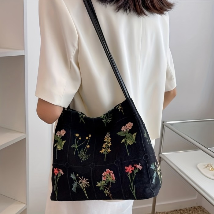 Embroidered Print Tote Bag, Stylish Collapsible Shoulder Bag, Perfect Crossbody Bag For Daily Use