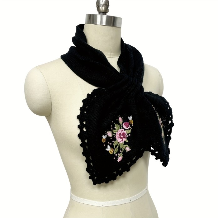 Vintage Flower Embroidered Knit Scarf Elegant Hollow Out Cross Scarf Women's Autumn Winter Coldproof Warm Elastic Neck Scarf