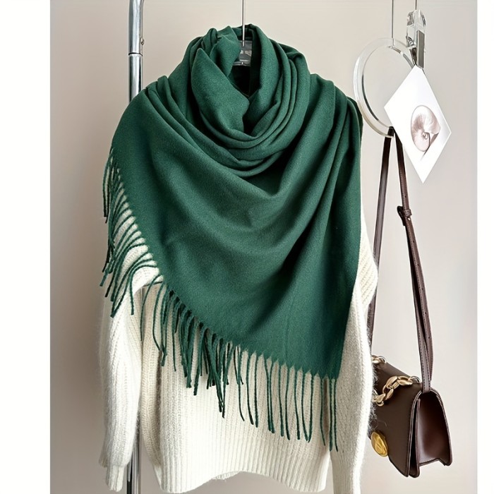 Minimalist Solid Color Tassel Scarf Soft Warm Cashmere Feeling Label Shawl Women's Autumn Winter Windproof Inelastic Scarf