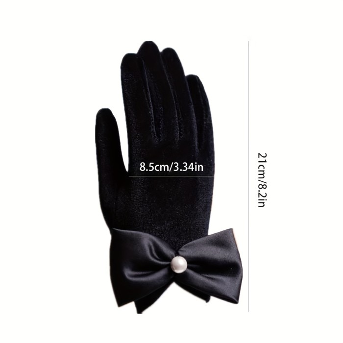 Elegant Glossy Black Gloves Pure White Faux Pearl Bow Decor Cuff Short Gloves Bride Wedding Dance Split Finger Velvet Gloves