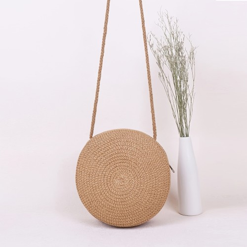 Mini Straw Woven Round Bag, Delicate Textured Crossbody Bag, Casual Holiday Summer Beach Shoulder Bag (6.3\