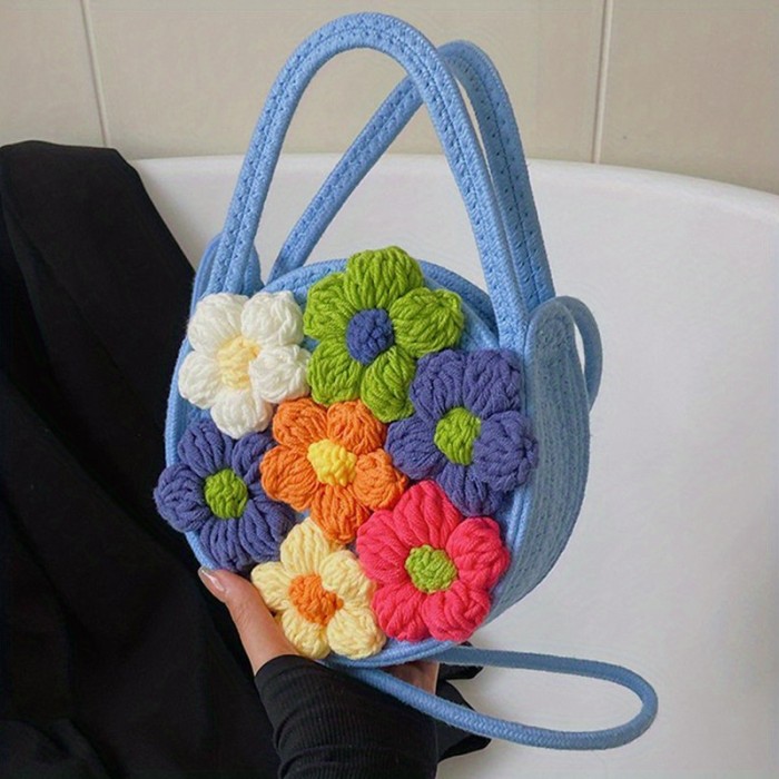Flower Decor Woven Handbags, Sweet Holiday Beach Bag, Small Round Crossbody Bag For Women