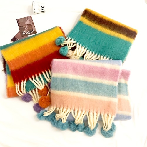 Rainbow Striped Chunky Scarf Stylish Hairball Tassel Shawl Autumn Winter Coldproof Warm Windproof Fluffy Scarf