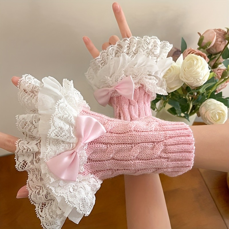 Multilayer Lace Twist Knit Gloves Elegant Lolita Decorative Fingerless Gloves Autumn Winter Soft Warm Matching Wrist Cover