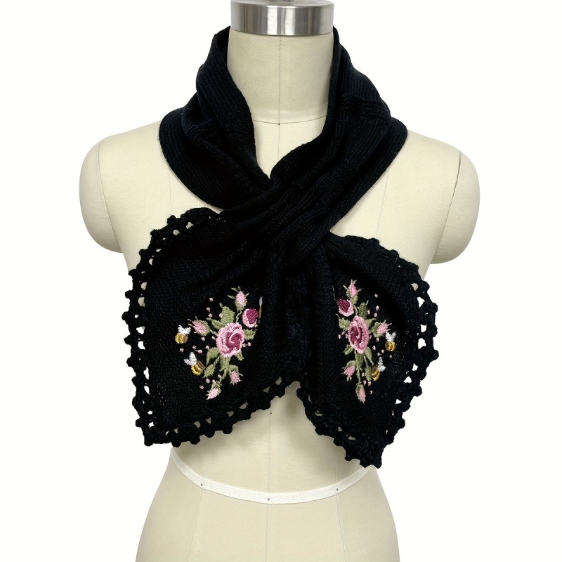 Vintage Flower Embroidered Knit Scarf Elegant Hollow Out Cross Scarf Women's Autumn Winter Coldproof Warm Elastic Neck Scarf