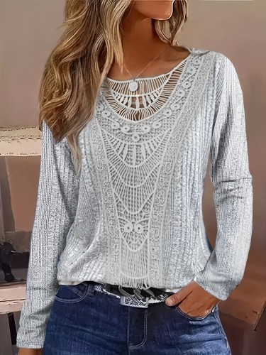 Contrast Lace Crew Neck T-shirt, Casual Long Sleeve Top For Spring & Fall, Women's Clothing
