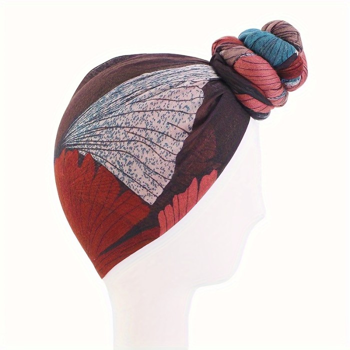 Ginkgo Biloba Print Turban, Colorful Flower Knot Head Wrap, Women's Fashionable Pre-tie Head Scarf Cap