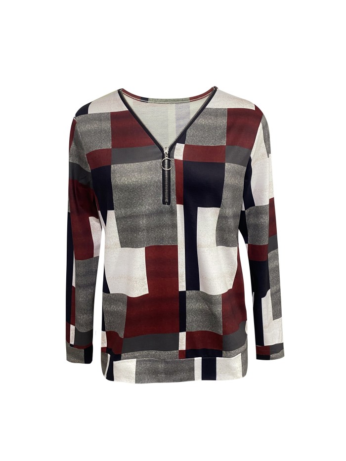 Plaid Print V Neck Knitting T-Shirt, Casual Long Sleeve Zipper Front T-Shirt For Spring & Fall, Women's Clothing