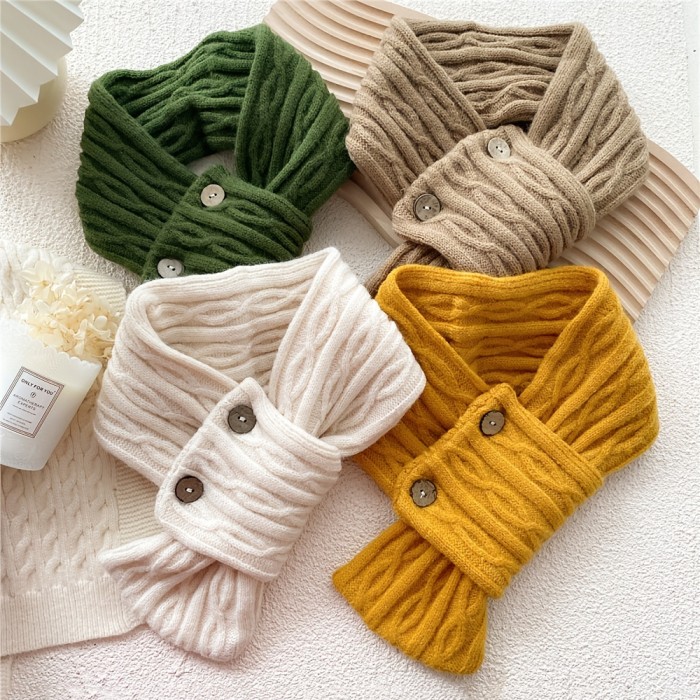 Stylish Button Twist Knit Scarf Solid Color Versatile Warm Neck Decoration Neck Scarf Autumn Winter Coldproof Decoration Cross Scarf