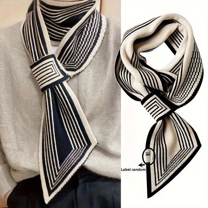 Stylish Striped Knit Cross Tie Scarf Women's Basic Thick Warm Neck Scarf Autumn Winter Windproof Decorative Label Scarf
