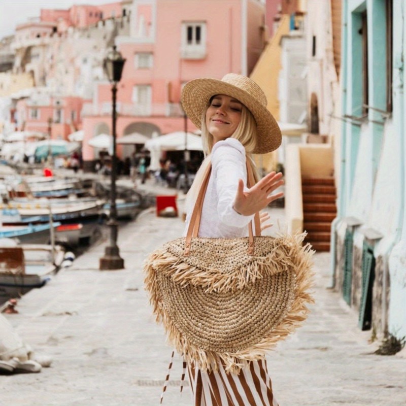 Trendy Bohemian Woven Crossbody Bag, Tassel Solid Color Flap Shoulder Bag, Perfect Messenger Bag For Beach Vacation