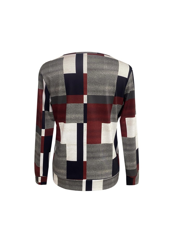 Plaid Print V Neck Knitting T-Shirt, Casual Long Sleeve Zipper Front T-Shirt For Spring & Fall, Women's Clothing