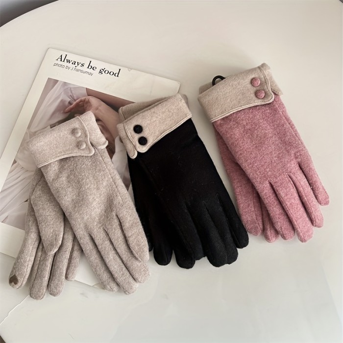 Imitation Cashmere Warm Gloves Solid Color Buckles Decor Plus Velvet Thickened Women's Gloves Autumn Winter Outdoor Cycling Touch Screen Gloves