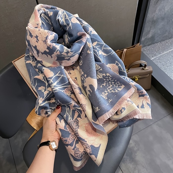 Autumn Winter Thick Warm Scarf Vintage Flower Bird Print Short Beard Shawl Imitation Cashmere Warm Female Scarf