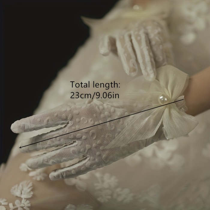1pair White Lace Short Gloves Ribbon Bowknot Decor Gloves Elegant Leopard Embossed Bridal Wedding Dress Gloves For Women