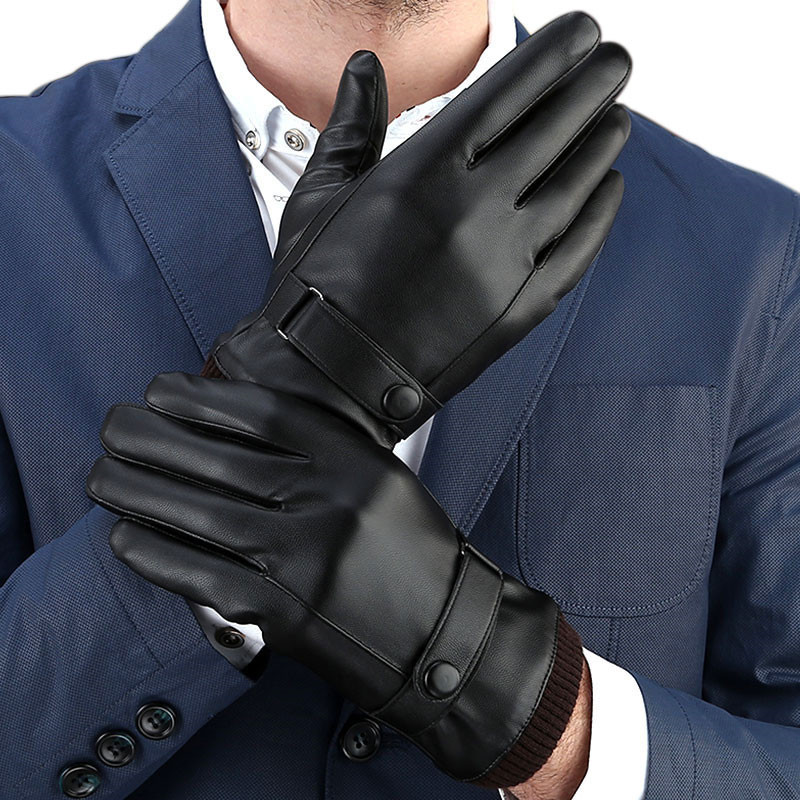 1pair Unisex Winter Leather Cashmere Gloves Black Windproof Waterproof Touchscreen Gloves Cold Warm Fleece Mittens