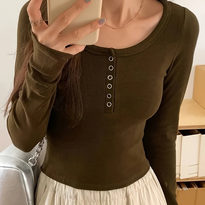 Solid Button Front Slim T-Shirt, Versatile Long Sleeve T-Shirt For Spring & Fall, Women's Clothing