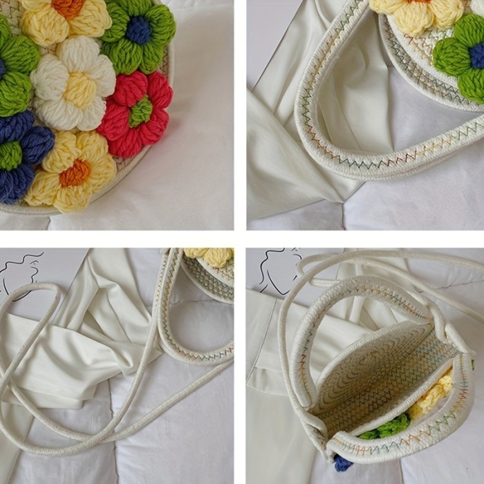 Flower Decor Woven Handbags, Sweet Holiday Beach Bag, Small Round Crossbody Bag For Women